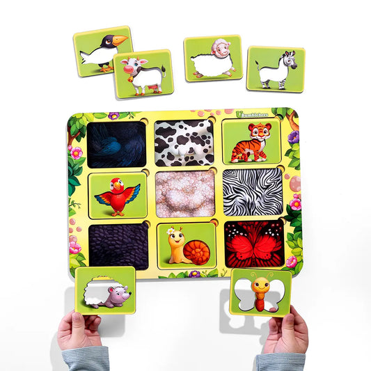 Puidust loomade tekstuuride sorteerimismäng "Kelle muster?"