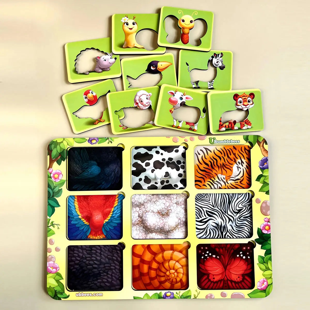 Puidust loomade tekstuuride sorteerimismäng "Kelle muster?"