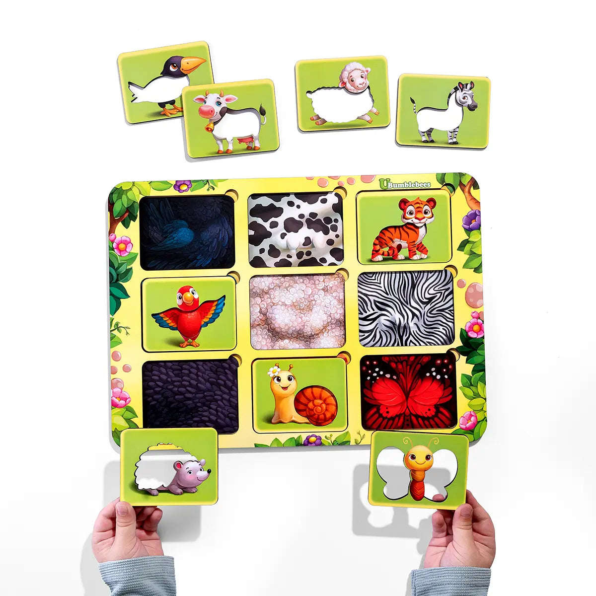 Puidust loomade tekstuuride sorteerimismäng "Kelle muster?"