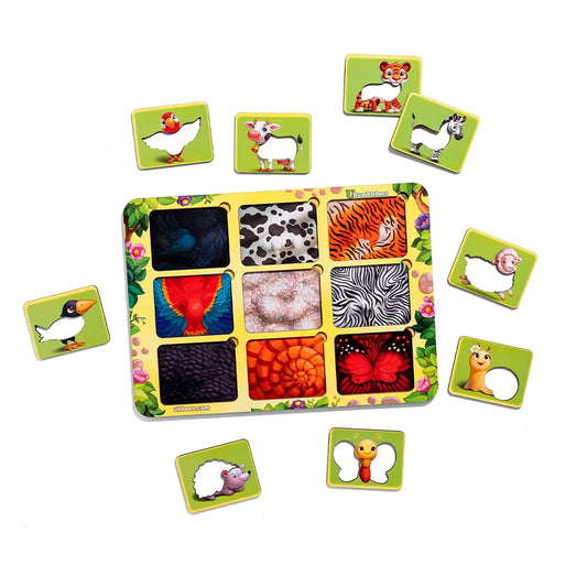 Puidust loomade tekstuuride sorteerimismäng "Kelle muster?"