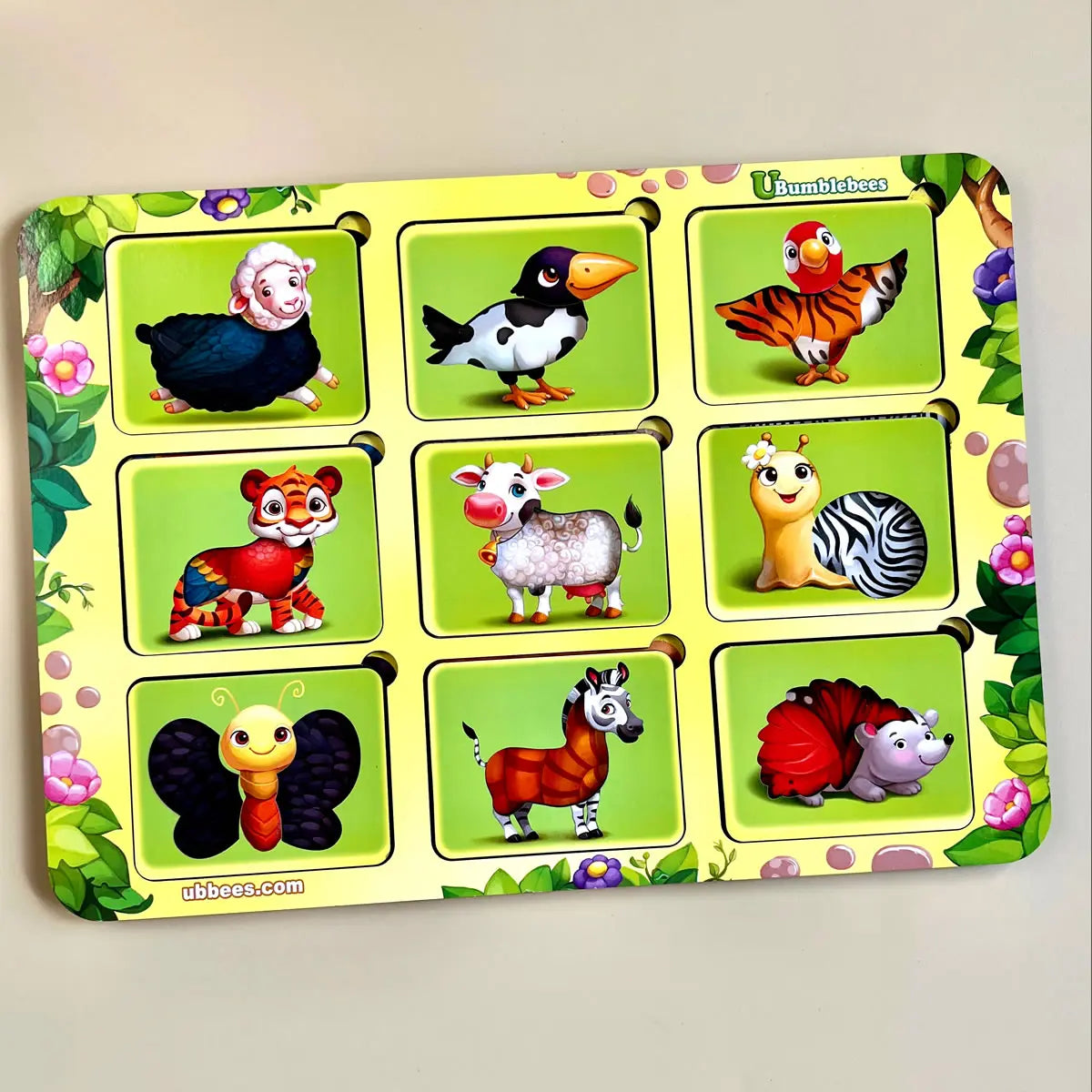 Puidust loomade tekstuuride sorteerimismäng "Kelle muster?"