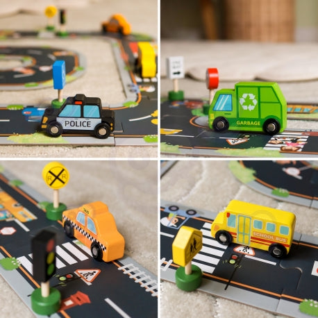 Puidust autode ja liiklusmärkide komplekt