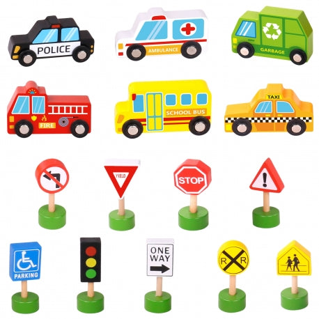 Puidust autode ja liiklusmärkide komplekt