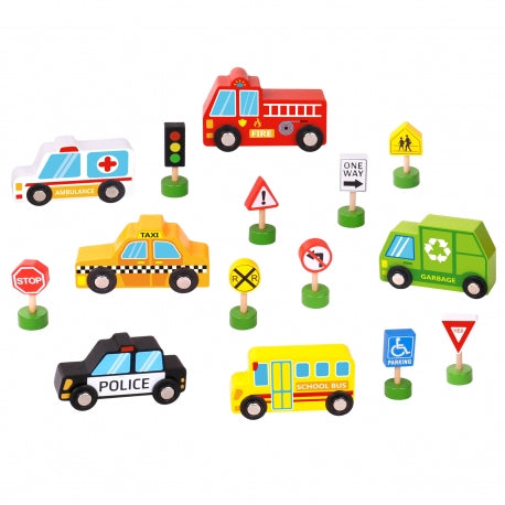 Puidust autode ja liiklusmärkide komplekt
