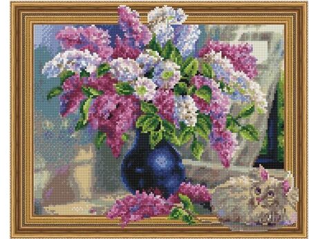 5D Алмазная мозаика - Букет лилий и кошка 40x50
